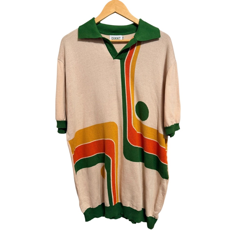 Retro 70s Aesthetic OXKNIT Cotton Knit Polo Shirt Tan Green 4XL